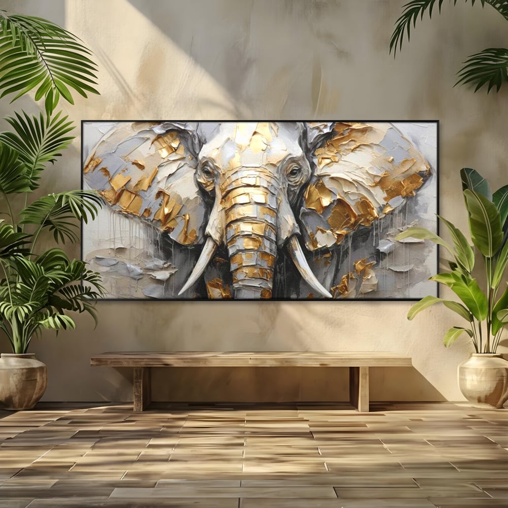 Tablou canvas cu tablou canvas cu cap de elefant in relief si insertii aurii, in rama de aluminiu negru
